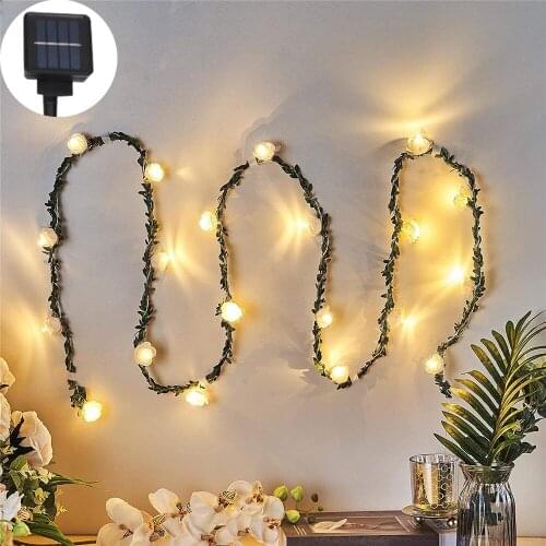 Warm White Rose Flower Vine String Lights LED Solar Powered Rose Fairy Lamp Valentines Day Wedding Room Patio Party Decoration