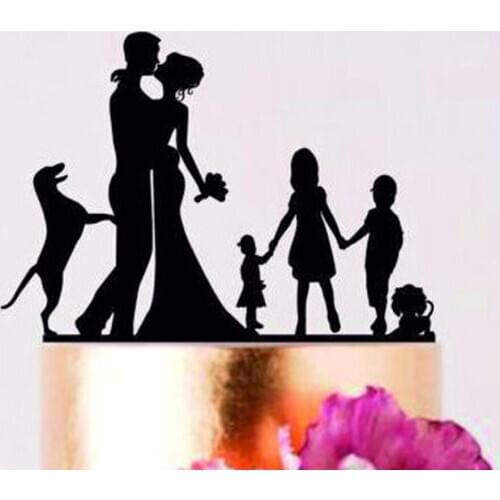 Wedding Family Cake Topper, Bride and Groom with little girl and boy Silhouette Cake Topper, Couple with child Cake Topper