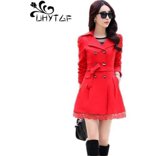 UHYTGF Spring Autumn Trench Coat Women Clothing Female Fashion Slim Korean Tops Female Double breasted Plus Size Windbreaker 13
