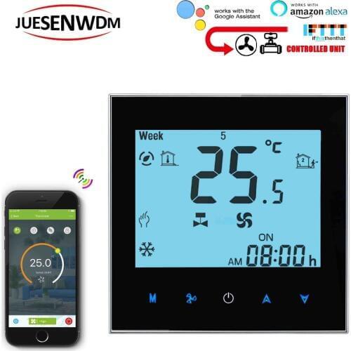 TUYA voice interaction 2p 4p Cooling&heating fan coil room thermostat WIFI 24VAC 95-240VAC with 3speed fan control