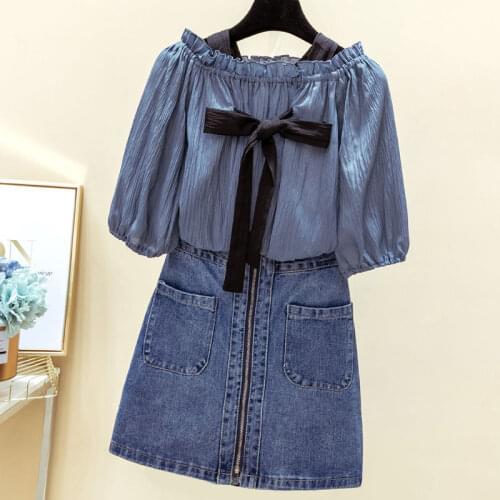 Two-piece female comfortable Harajuku style fashion elegant Korean summer small shirt strap chiffon shirt top denim skirt suit