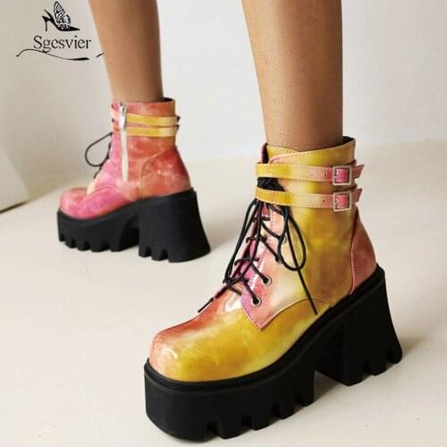 Sgesvier 2021 Women Ankle Boots Platform Square High Heel Ladies Motorcycle Boots PU Leather Mixed Color Women Lace Up Boots