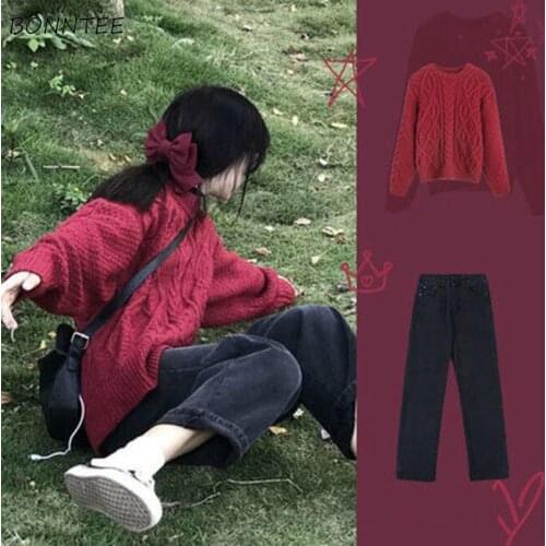 Sets Women Preppy Style Spring Mujer De Moda Cozy Loose Female Ankle-length Jeans Sweet Sweater Fashion Streetwear Two Piece Ins