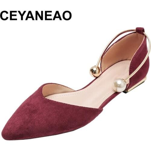 CEYANEAO 2020 spring new pearl ring metal flat heel shoes woman fashion hollow pointed office work flat shoes for woman zapatos