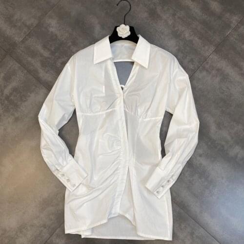 ZCSMLL 2021 Fall Turn-down Collar White Long Sleeve Open Back Woven Waist Korean Fashion Summer Women Dress Trend