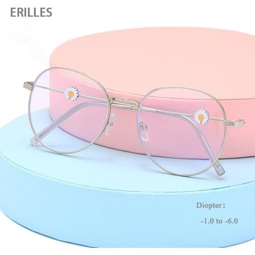 -1.0~-6.0 Reading Glasses Ultra Light Metal Round Vintage Myopia Glasses Women Daisy Legs Classic Nearsighted Eyeglasses Vision