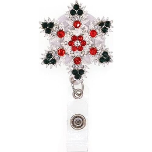 10pcs/lot Rhinestone Snowflake Retractable Christmas Gifts Badge Holder With Clips