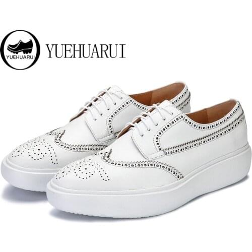 White shoes, thick-soled sponge cake, soft-soled 2021, new top layer, cowhide, Bullock, carved white shoes
