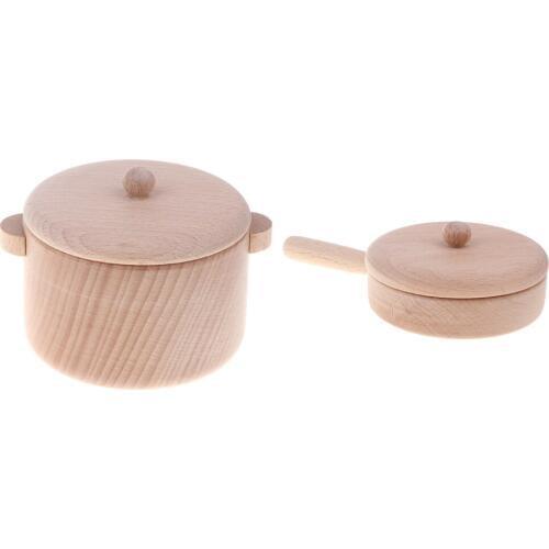 2pcs Wooden Kitchen Playset, Saucepan + Pan, Kids Pretend Play Cooking Baking Developmental Toys Cookware/ Dinnerware/ Tableware