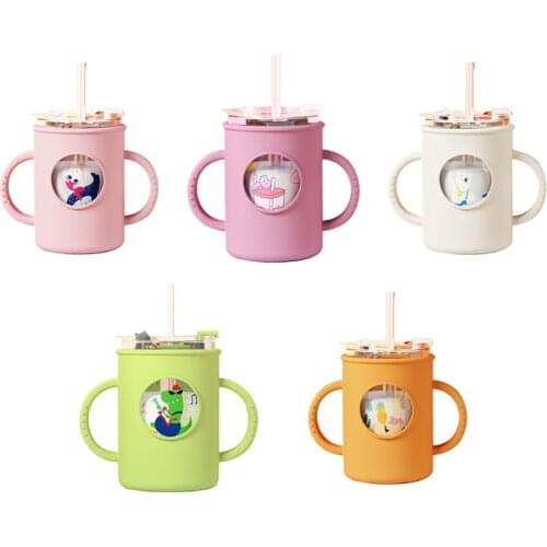 Anti-falling Baby Milk Cup with Straw Silicone Double Handle Sleeve Children Water Cup Portable Kids Drinking Glasses