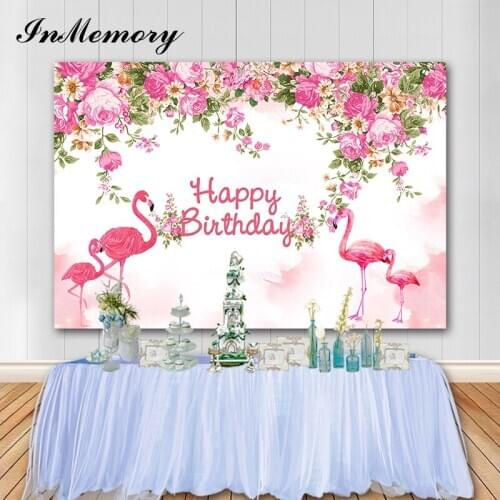InMemory Flamingo Photography Backdrop Celebration Baby Birthday Flower Customizable Photo Background for Party Banner 7x5FT