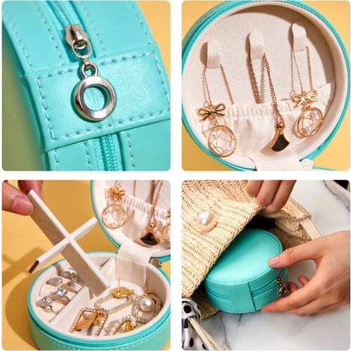 HOSENG 10Pcs PU Leather Round Zipper Jewelry Box Green Earring Ring Necklace Gift Case Velvet Storage HS_267