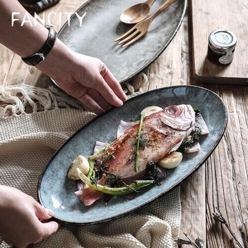 FANCITY Ceramic fish dish, domestic steamed fish dish, creative large dish plate, oval large personality fish plate