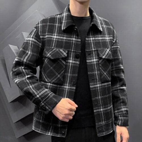 Men Plaid Wool Trench Jackets Turndown Collar Casual Slim Coats 2021 Autumn Winter Business Steetwear Windbreaker Male Clothing