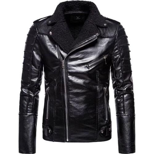 New Mens Autumn Motorcycle Leather Jacket Slim Fit Oblique Zipper Fleece Leather Jacket Men Casual Punk Coat High Quality