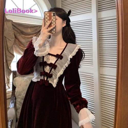 Lolibook Spring Fall Vintage Red Wine Velvet Patchwork Mesh V-neck Mid-calf Lace Long Sleeve Evening Party Long Women Vestidos