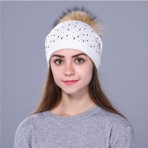 Fashion Women Winter Warm Soft Knitted Wool Hat Crystal Decoration Fox Fur Ball Pom Pom Lady Beanie Cap Girls Lovely Party Gift
