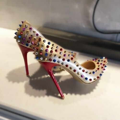 Fashion Muti-color Full Spikes High Heel Shoes 12cm Stiletto Heels Rivets Dress Shoes Pointed toe Blue Black Celebrity Pumps