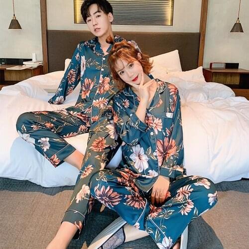 Young Lover Pajamas Fake Silk Women Long-sleeved Spring Autumn Pyjama Loose Home Men Couple Pijama Set Sleepwear Top Men Pant