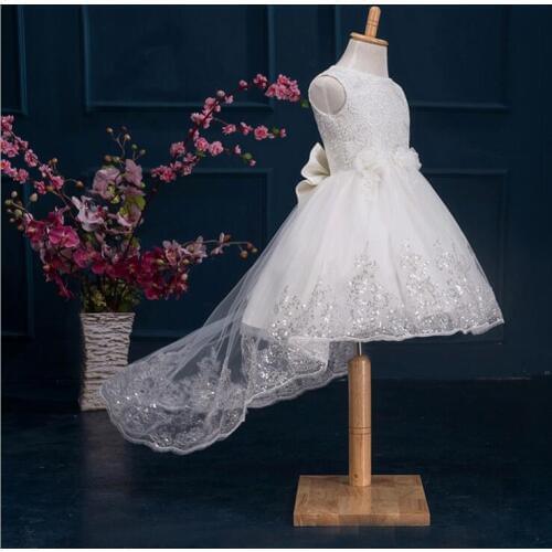 Toddler Girl White Baptism Christmas Gown Baby Girls Princess Dresses 1 Year Birthday Gift Kid Long Traling Party Wear Big Bow