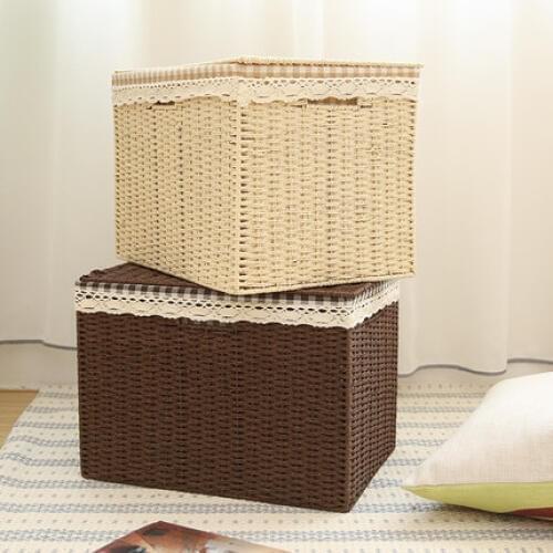 Su - Woven Straw Knitted Storage Box Finishing Box Storage Box Covered With Large Clothes Storage Box Debris Storage