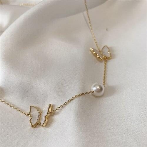 Origin Summer Korean Fashion Butterfly Imitation Pearl Chokers Necklace for Women Delicate Gold Necklace Jewelry Accessories