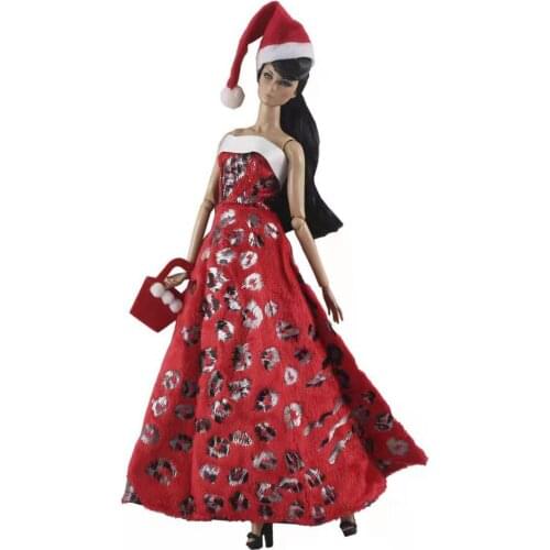 1:6 Merry Christmas Outfit for Barbie Doll Dress BJD FR SD Clothes Red Off Shoulder Gown Hat Handbag 11.5" Dolls Accessories Toy