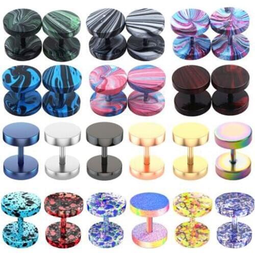 Fake Plugs Faux Gauges Earrings for Men Women Stainless Steel Studs Circle Flat Back Cheater Tunnels Dumbbell Punk Ear Piercing