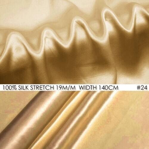 SILK STRETCH SATIN 140cm width 19mommePure Silk Fabric Satin+Spandex Fashion Fabric Chinese Silk Wedding Fabric NO24Light Golden