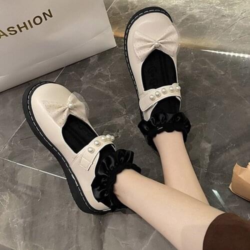Lolita Shoes Pearls Mary Janes Shoes Dot Bow Leather Casual Shoes Platform Girls Princess Shoes Woman Flats zapatos mujer 9239G