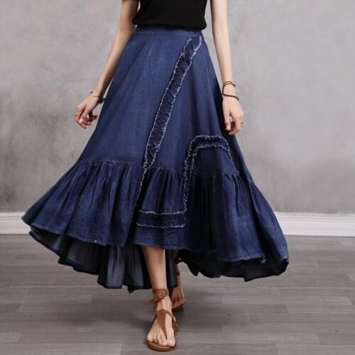 Johnature Women Denim Skirt Irregular Fungus Edge Elastic Waist Vintage Clothing 2021 Summer New Elegant Solid Color Loose Skirt