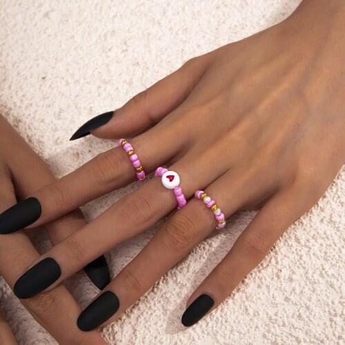 TAUAM 3PCS/SET New Cute Heart Handmade Beaded Pink Colour Geometric Round Rings for Women Jewelry Party