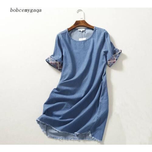 Summer Embroidery Denim Dress Women Mini Blue O Neck Short Sleeves Straight Tassel Fringe Jeans Dress Casual vestido tunic Dress