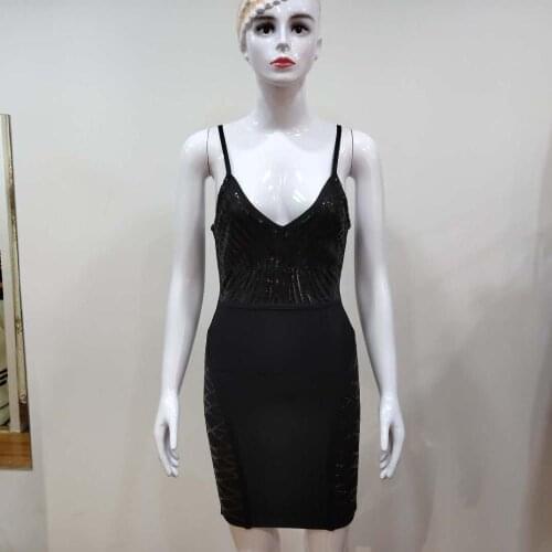Sexy summer New bandage dress women Spaghetti strap V neck mini bodycon party night club evening outfit black sequined dress