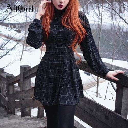 AltGirl Dark Gothic Elegant Dress Women Harajuku Vintage Y2k Emo Alt Plaid Corset Dress Punk Mall Goth Aesthetic Fairyore Dress