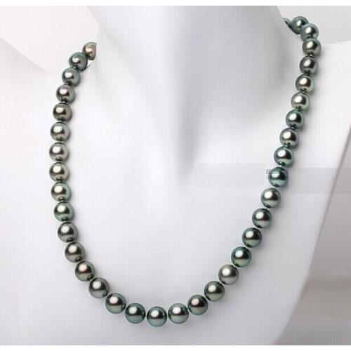 9-10mm Tahitian genuine black peacock green round pearl necklace AA
