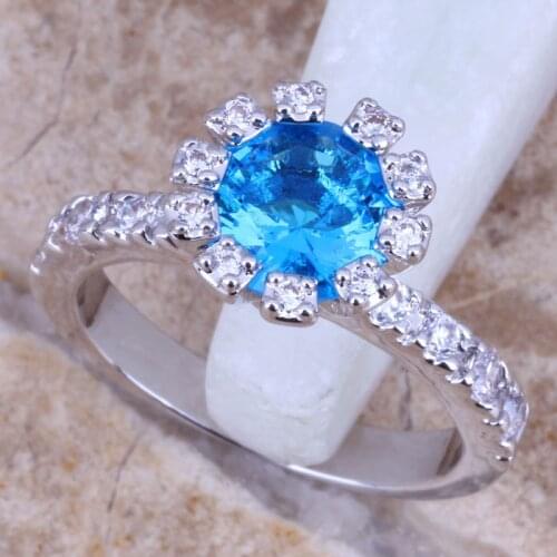 Elegant Sky Blue Cubic Zirconia White CZ Silver Plated Womens Jewelry Ring Size 6 / 7 / 8 / 9 R0710