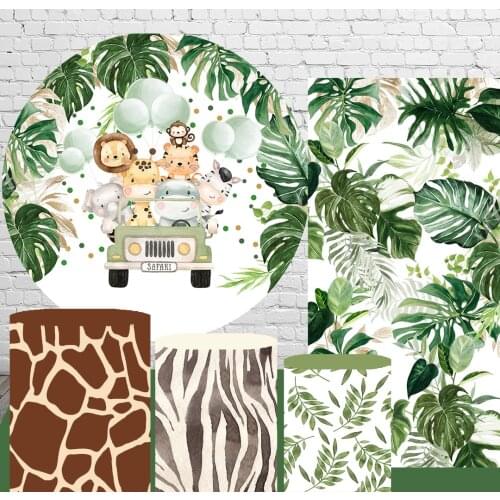 Round Circle Background Baby Shower Birthday Backdrop Tropical Green Leaves Jungle Animals Kids Party Decor Table Plinth Covers