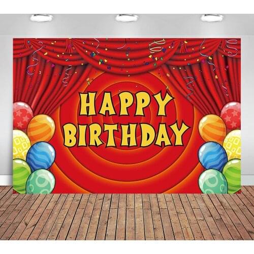 Happy Birthday Red Circus Backdrop Cartoon Curtain Colorful Balloons Decoration Boys Kids Birthday Party Banner Background