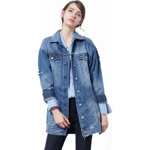 Cotton Long Women Denim Jacket Blue Ripped Holes Autumn Spring Casual England Outwear Ladies Female Jeans Coat Windbreaker