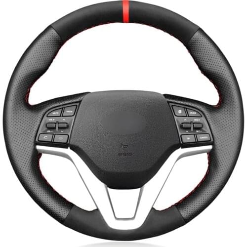 Hand-Stitched Black Genuine Leather Suede Car Steering Wheel Covers For Hyundai Tucson 3 2015 2016 2017 2018 2019 2020
