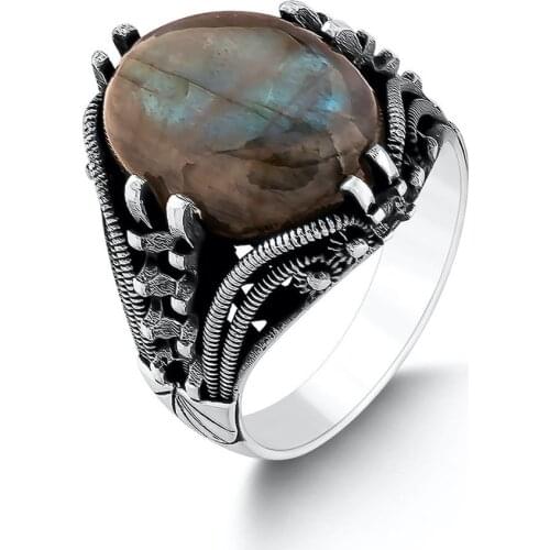 Silver Oval Blue Labradorite Gemstone Men Ring, Vintage Homemade Silver New Authentic Sterling Silver Antique Turkish Jewelery