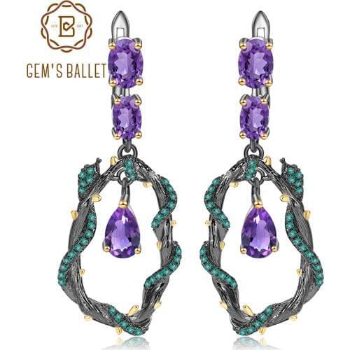 GEMS BALLET 4.34Ct Natural Amethyst Gemstone Earrings 925 Sterling Silver Handmade Branch Snake Drop Earrings for Women Bijoux
