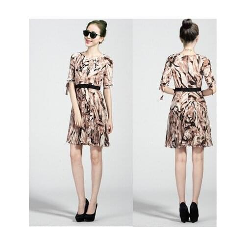 Special offers England Fashion Leaves Print Pleated Mini Chiffon Dress Elegant Fashion