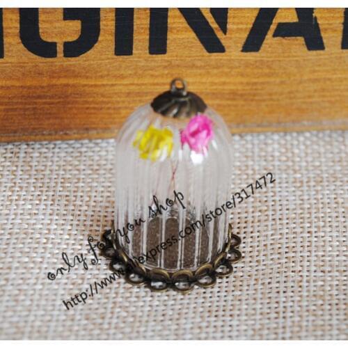 10sets/lot 30x20mm vertical stripes glass vial pendant &20mm base DIY glass vial pendant glass dry flower necklace pendant