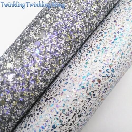 Silver Glitter Fabric, Iridescent Faux Leather Fabric, Synthetic Leather Sheets For Bows A4 8"x11" Twinkling Ming XM179