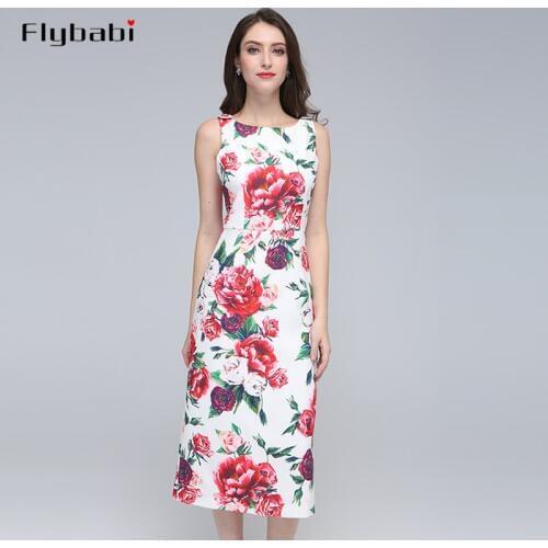 Streetwear O-Neck Spaghetti Strap Button Sleeveless print Mid-Calf dress 2018 summer new Arrival Fashion women party dress