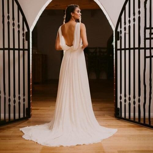 Vintage Greek Chiffon Wedding Gowns Backless V Neck Simple Sleeveless Ruched Bridesmaid Bridal Dress Hochzei A Line Plus Sizes