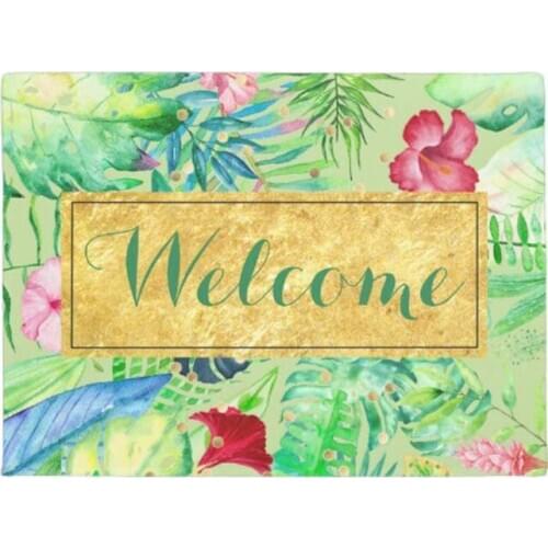 Green watercolor tropical jungle welcome doormat Home Decoration Entry Non-slip Door Mat Rubber Washable Floor Home Rug Carpet