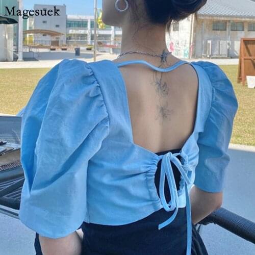 Korean Chic Button Puff Short Sleeve Summer Shirt Women Square Collar Backless Bow Woman Blouses Solid Fashion Tops Blusas 14740